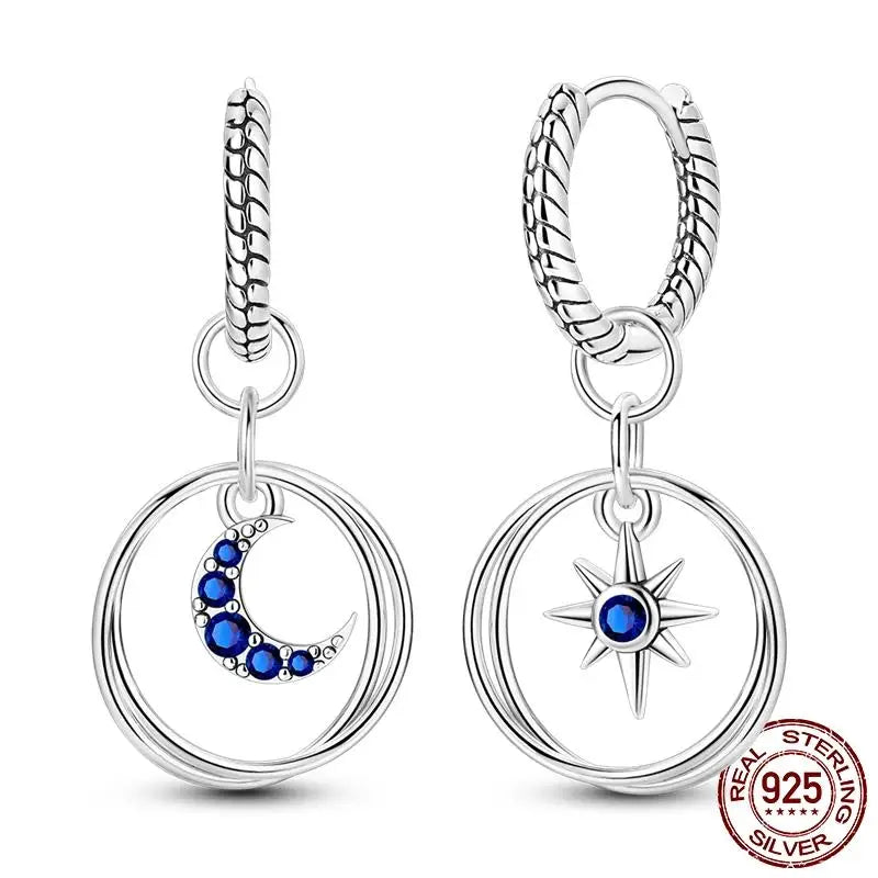 Luminous Shell Women Earrings Original 925 Sterling Silver Pave CZ Star Moon Hoop E additional angle