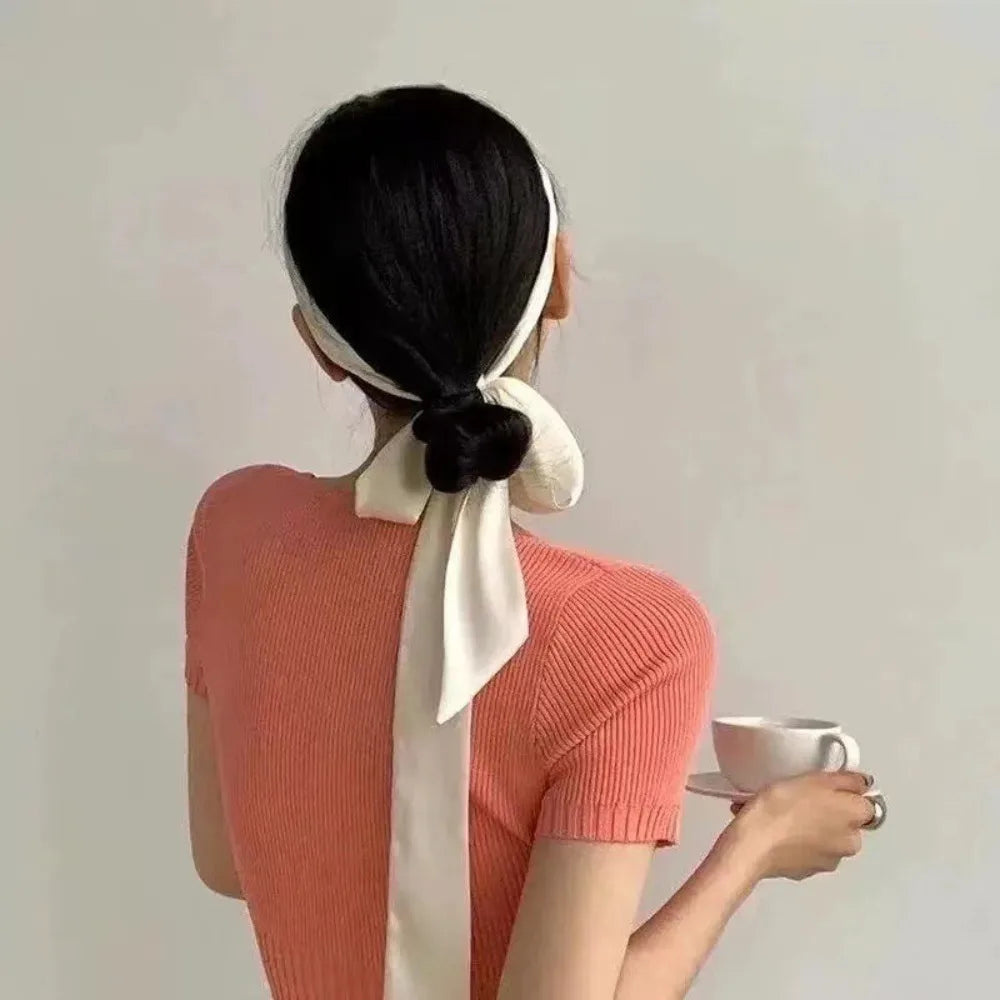 Delicate Long Hair Scarf Favor Silk Headband Neck Scarf Solid Color Hair Wrap Party Scrunchies