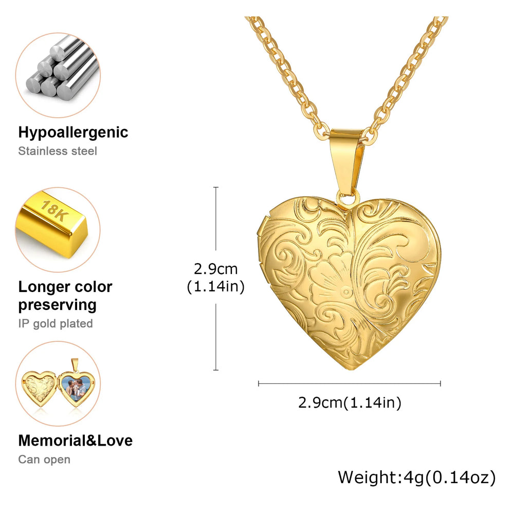 Gold Heart Locket Necklace with Photo Frame | Stainless Steel Jewelry for Women detail view