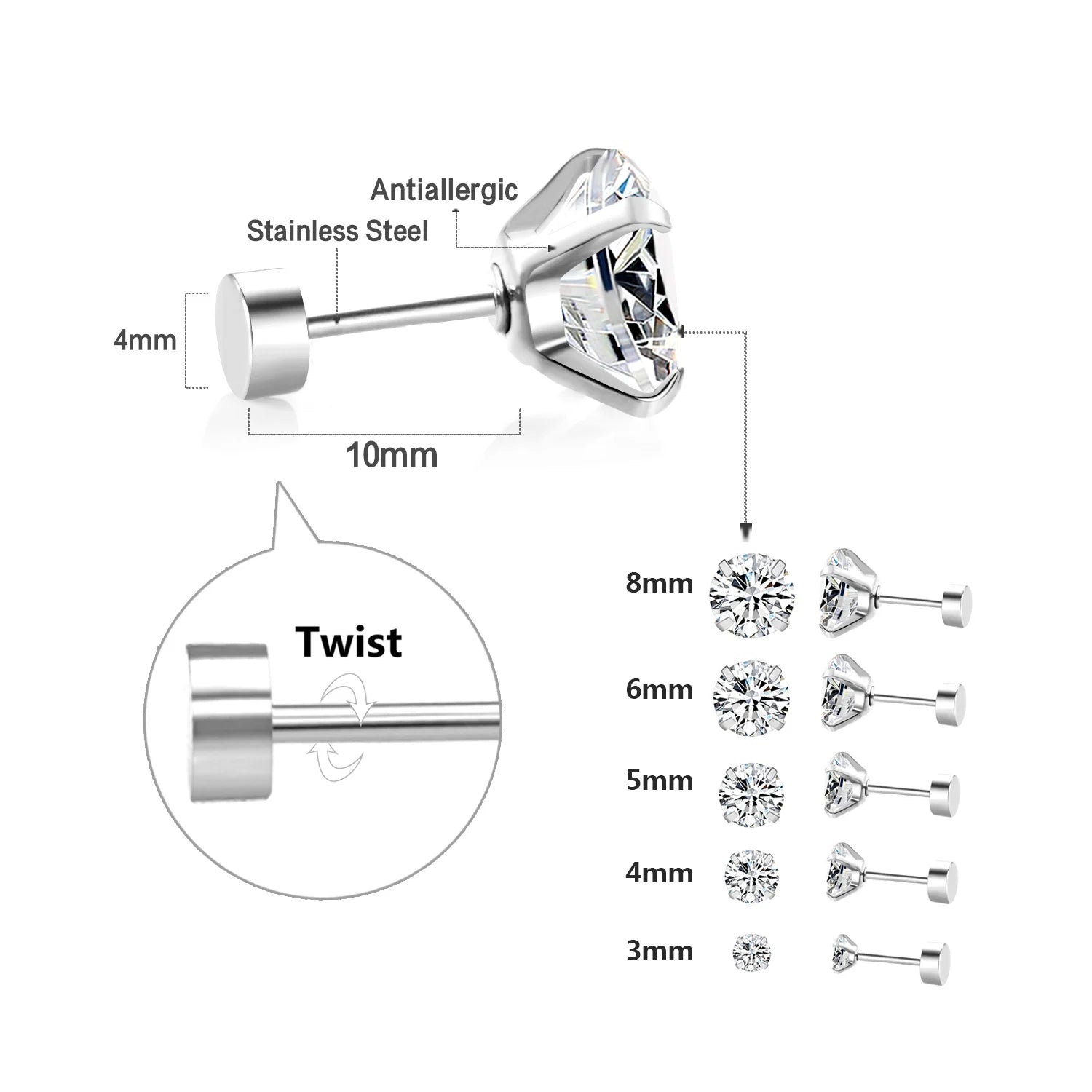 LUXUSTEEL Crystal Zircon Stud Earrings | Screw Back Round CZ Earrings for Men Women alternate view