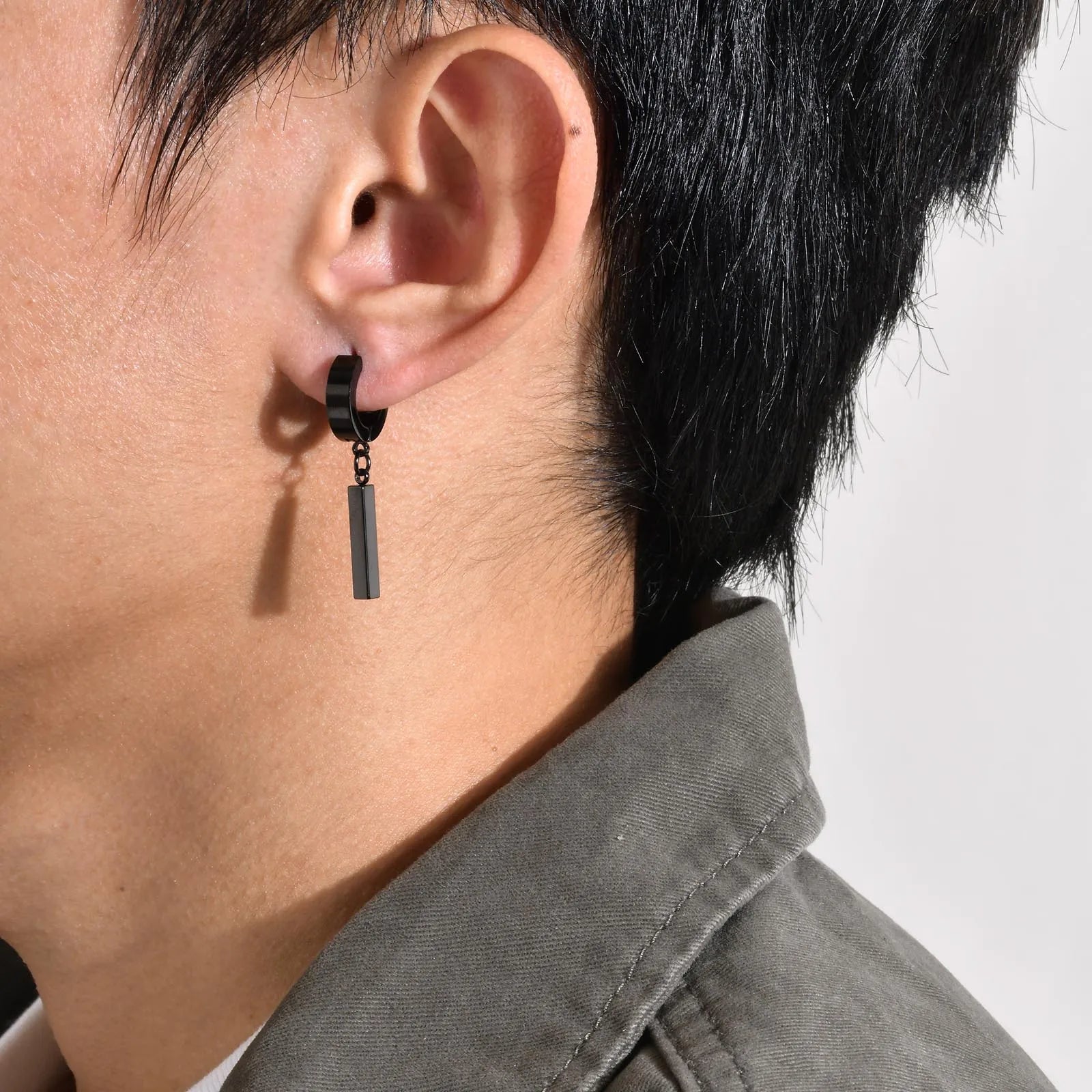 Men's Cool Punk Statement Geometric Bar Hoop Huggie Earrings Gifts Jewelry, Waterproof S detail view