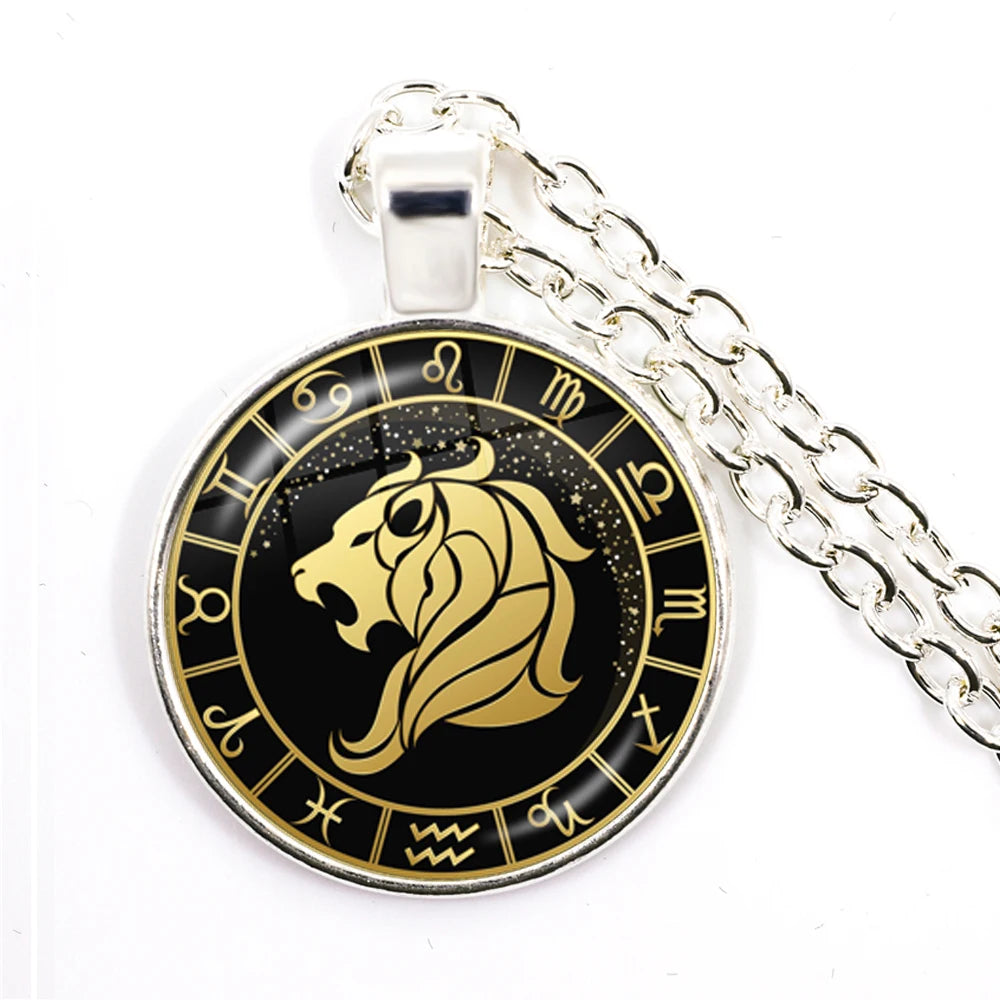 12 Constellation Zodiac Pendant Necklace | Antique Bronze Glass Dome Jewelry detail view