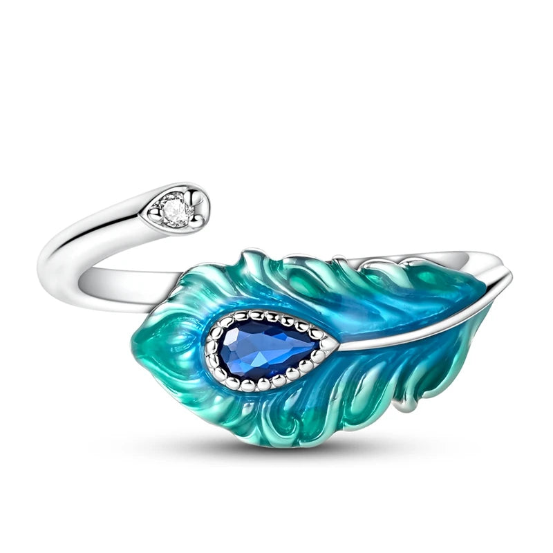 Original 925 Sterling Silver Malachite Green Open Ring Peacock Feather Adjustable Rin alternate view