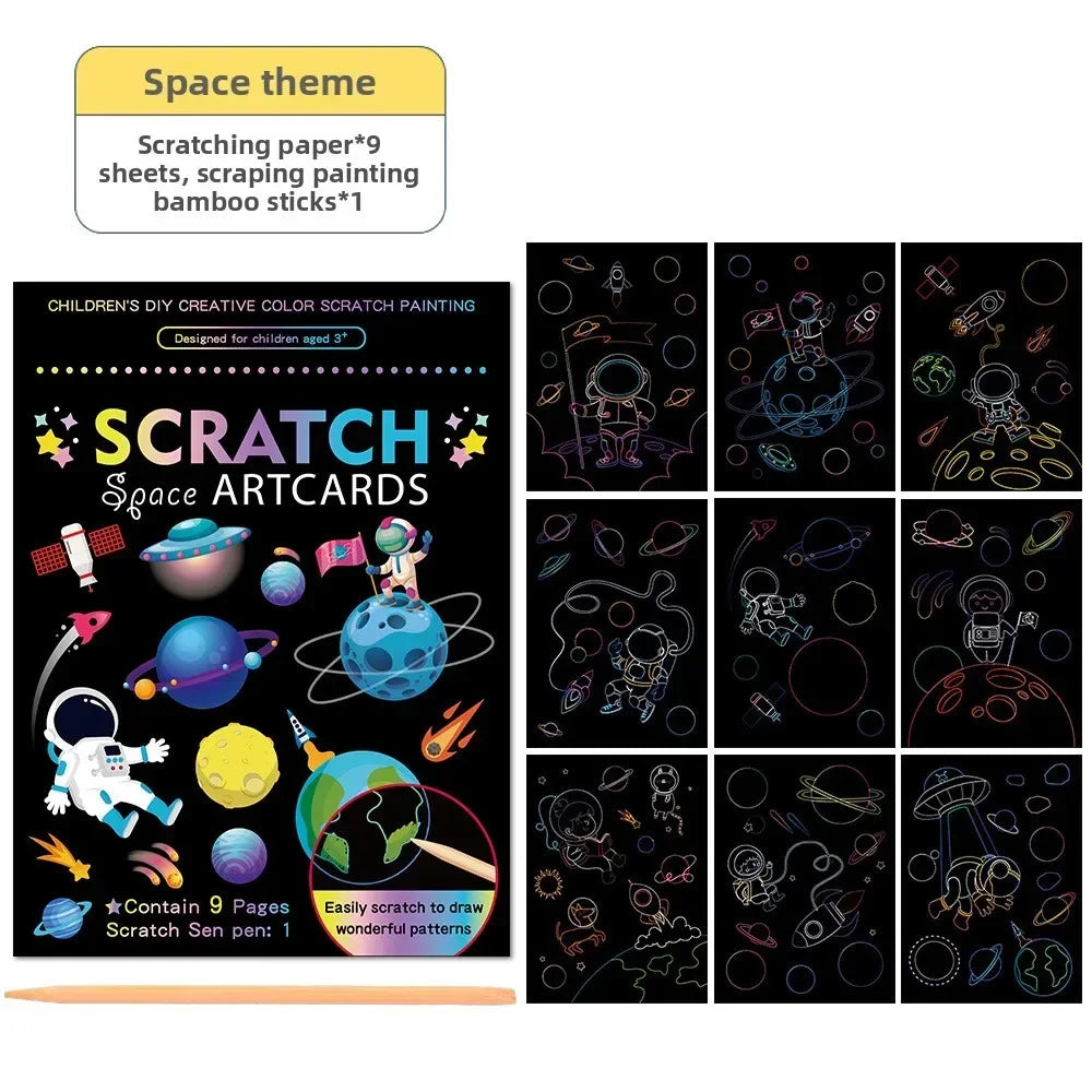 9Pcs/set Magic Rainbow Color Scratch Art Painting Paper Card Kit Cartoon Animal Dra additional angle