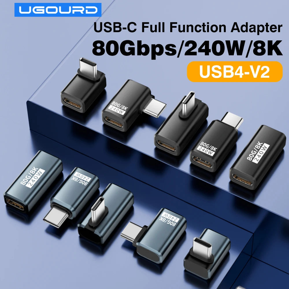 USB4 V2 90 Degree Type C Angle Adapter 80Gbps Thunderbolt 5 4 3 Elbow Adapter 240W USB-C Cable Conne