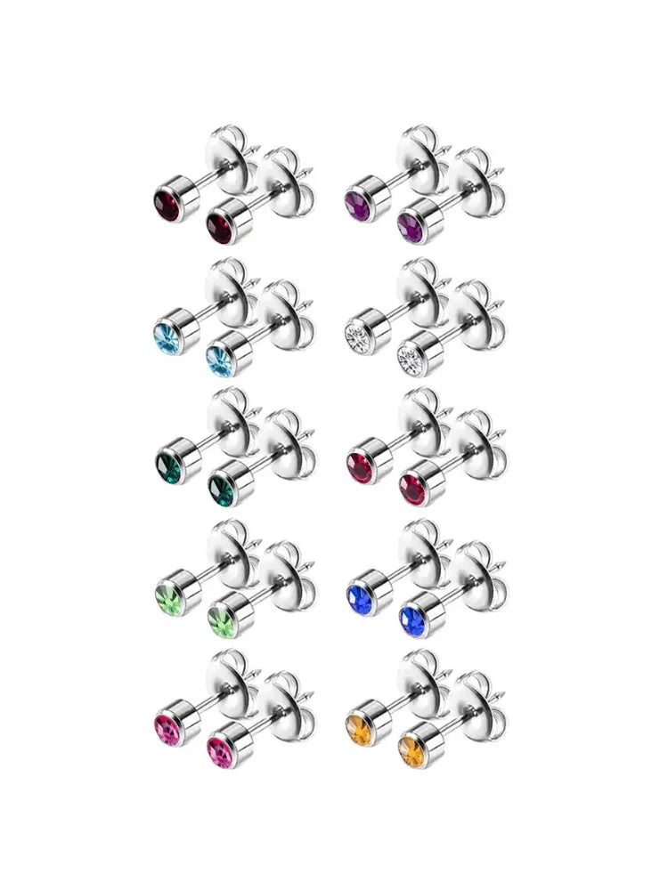 10pairs Colorful Rhinestone Earrings Set Simple Style Stainless Steel Body Ear Jewelry close-up view
