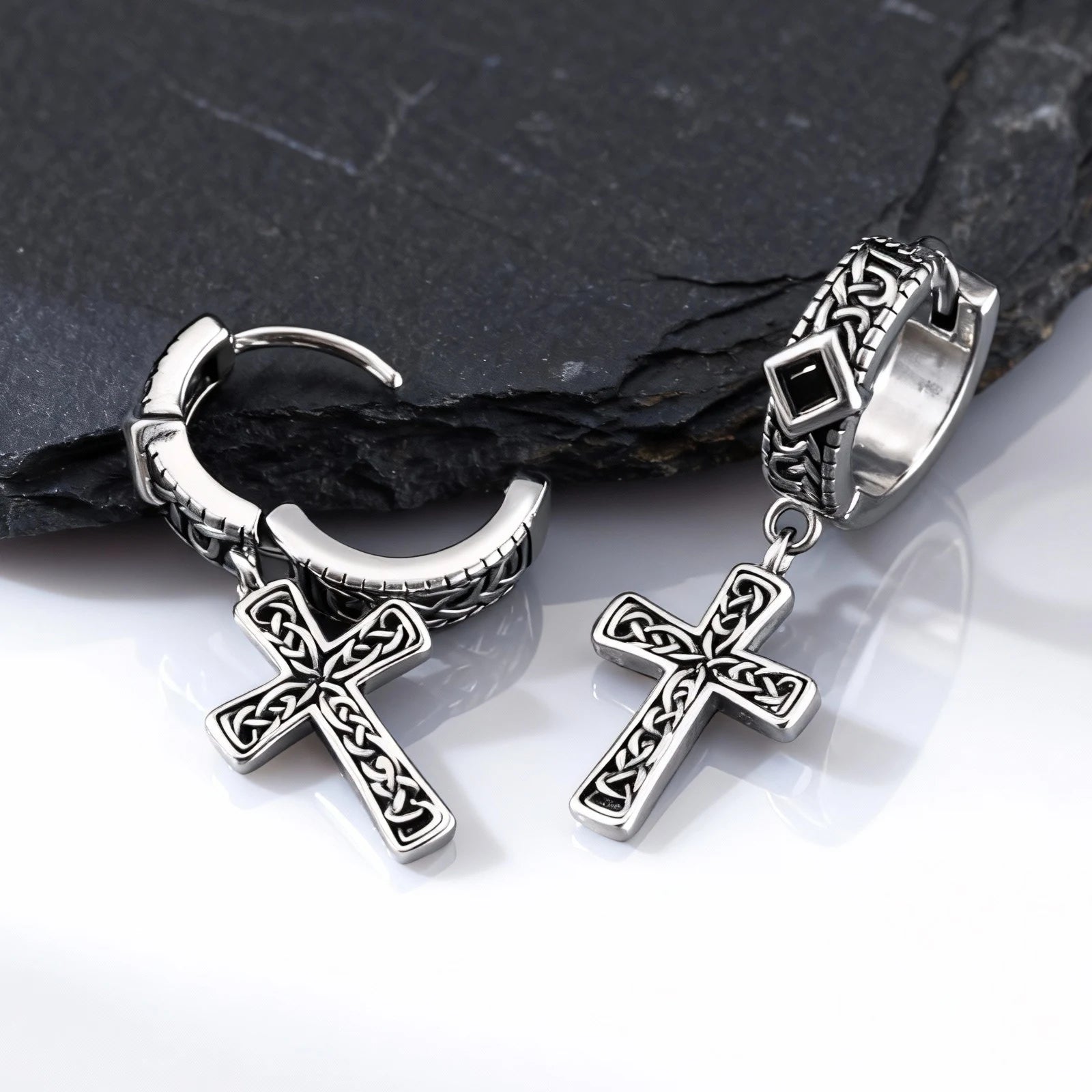 Vintage Celtic Knot Cross Hoop Earrings for Men,Anti Allergy BlackS Square Zircon Drop Earrings,Viking Jewelry Gift