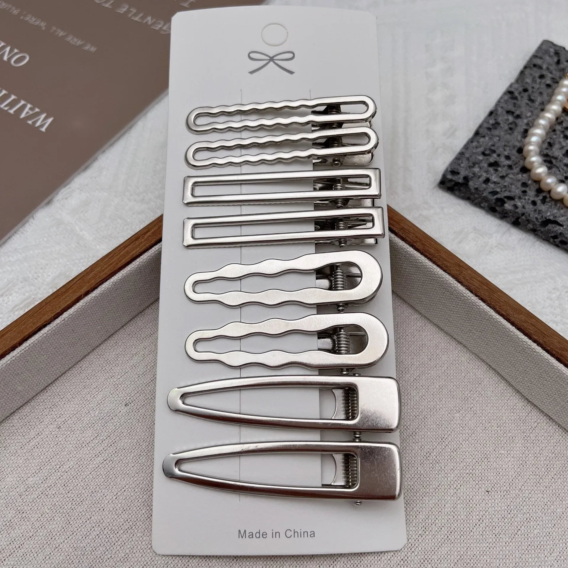 Korean 8pcs Metal Silver Hair Clips Girls High Quality Geometric Fashion Barrettes Hea close-up view