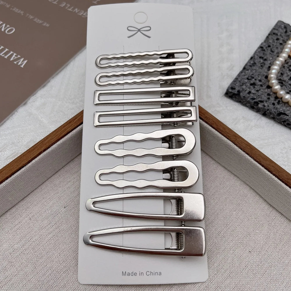 Korean 8pcs Metal Silver Hair Clips Girls High Quality Geometric Fashion Barrettes Hea close-up view