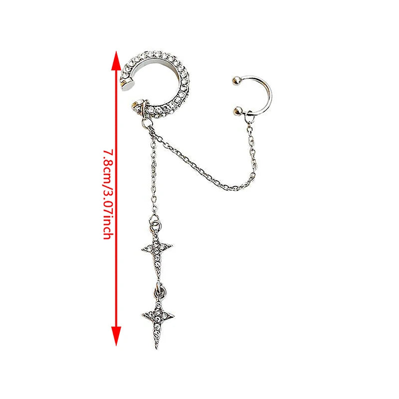 Shiny Silver Color Crystal Tassel Non-Piercing Cuff Ear Clip Earring For Women Rhin additional angle