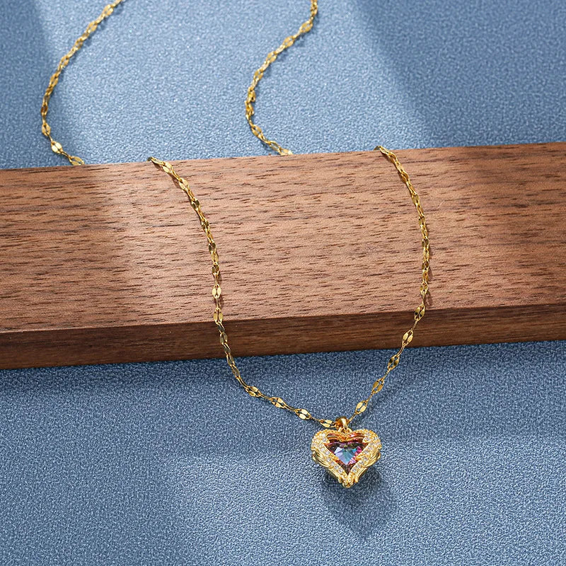 Stainless Steel Crystal Heart Pendant Necklace | Ocean Blue Jewelry for Women detail view