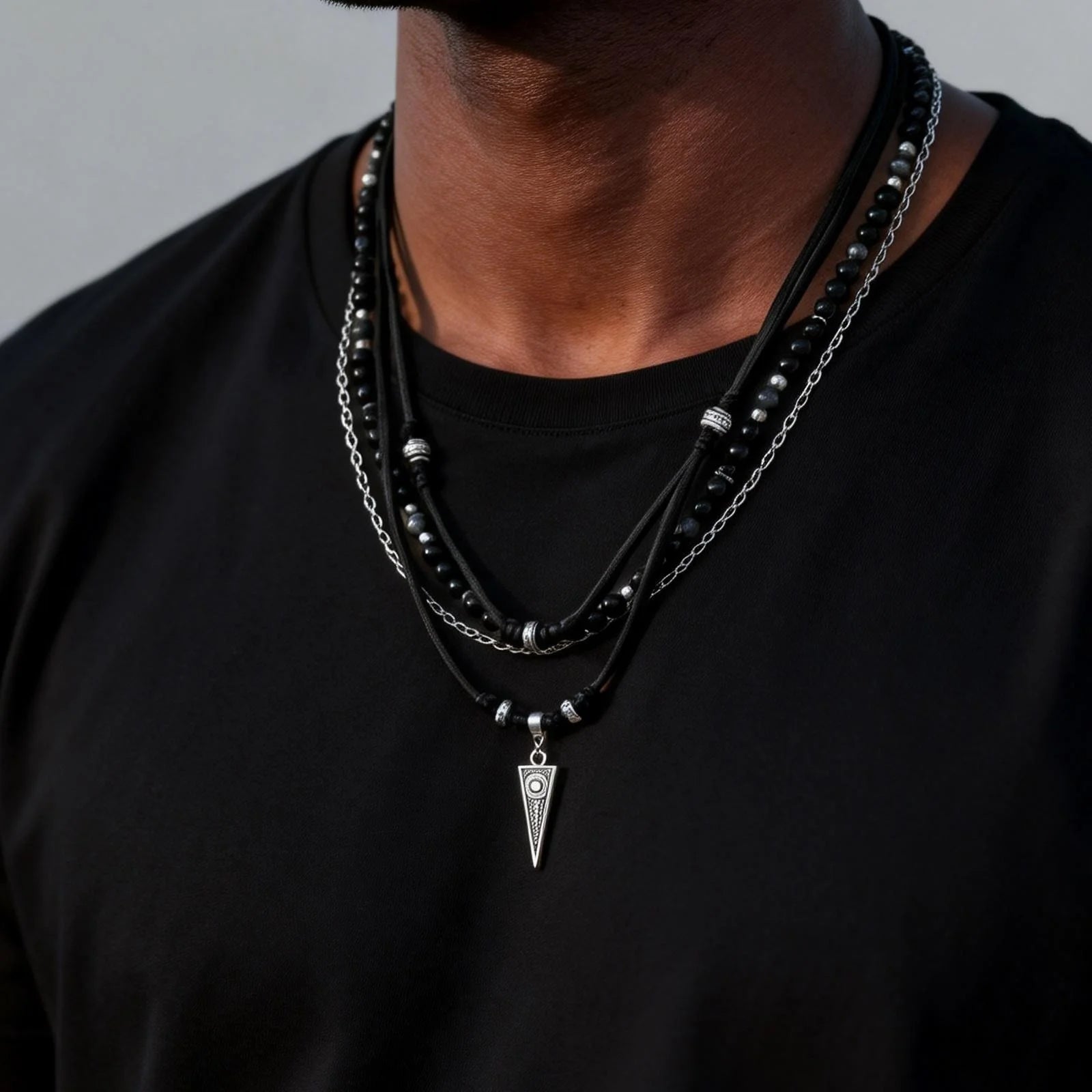 Multi-Layer Black Leather Necklace | Rock Punk Geometric Pendant for Men additional angle