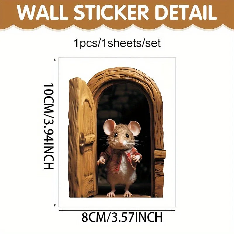 Whimsical 3D Mouse Hole Wall Decal | Adorable Red-Coated Mouse Peeking Design PVC Sti lifestyle view