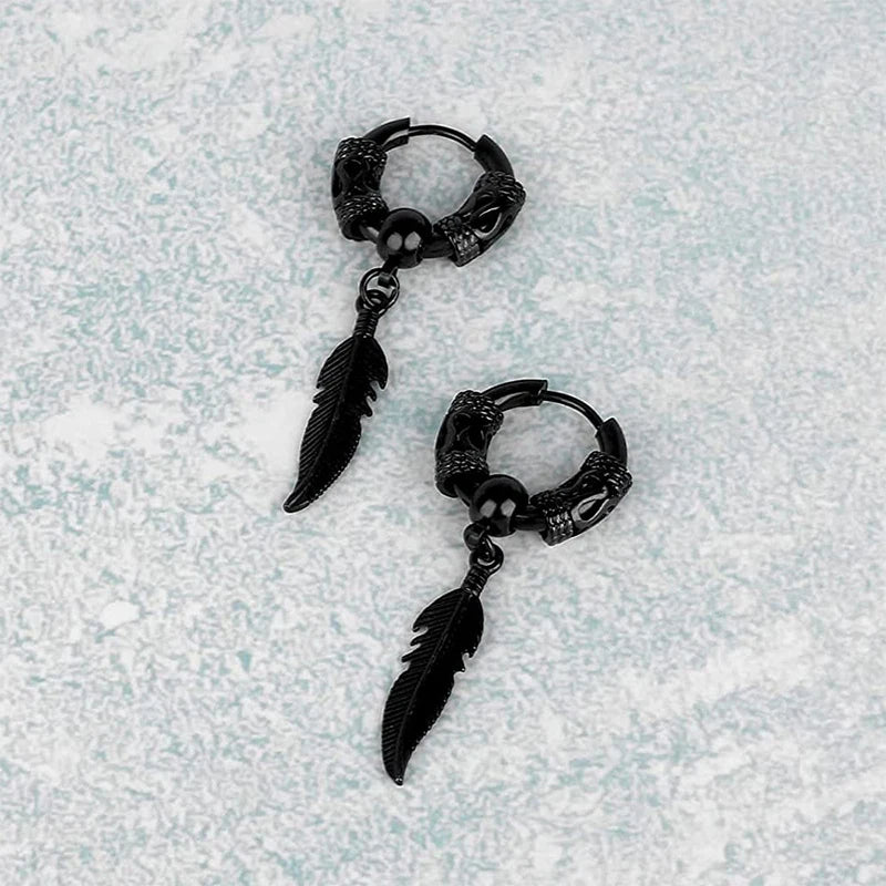 2Pcs Fashion Stainless Steel Feather Leaf Coil Earrings Punk Rock Hoop Stud Earrings lifestyle view