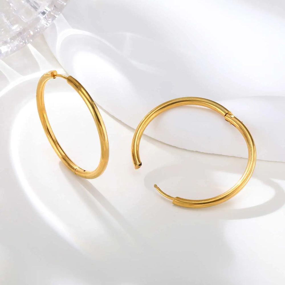 1Pair Round Circle Small Hoop Earrings for Women Men, Gold Plated Stainless Steel Lar lifestyle view
