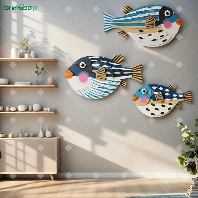 Three Fish Wall Hanging Decoration | Wooden Ocean Art for Living Room