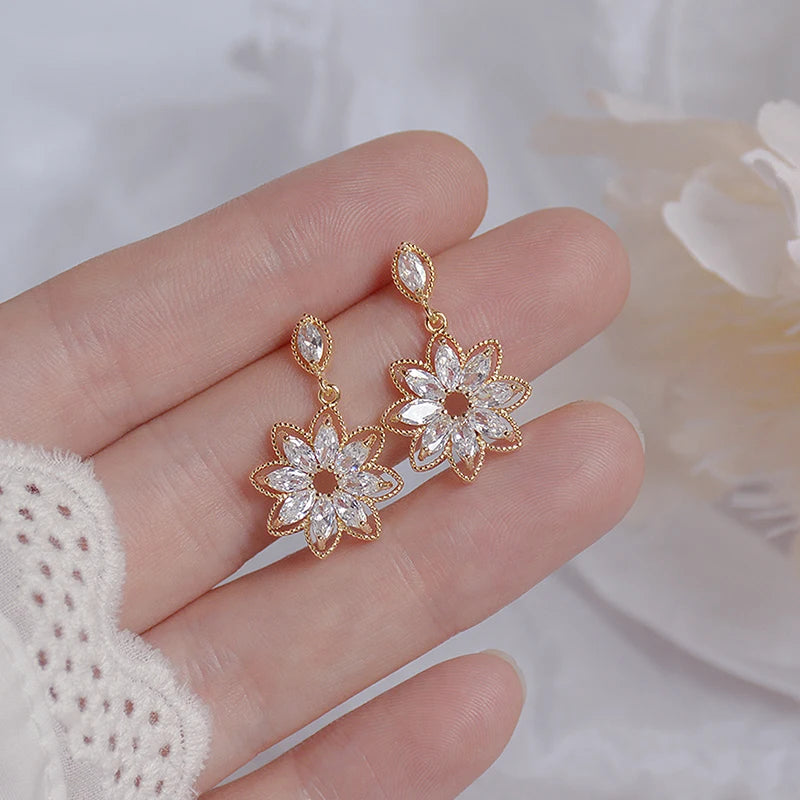 14K Real Gold Dainty Korean Flower Earrings for Women | Bling AAA Zirconia Stud Earrings detail view