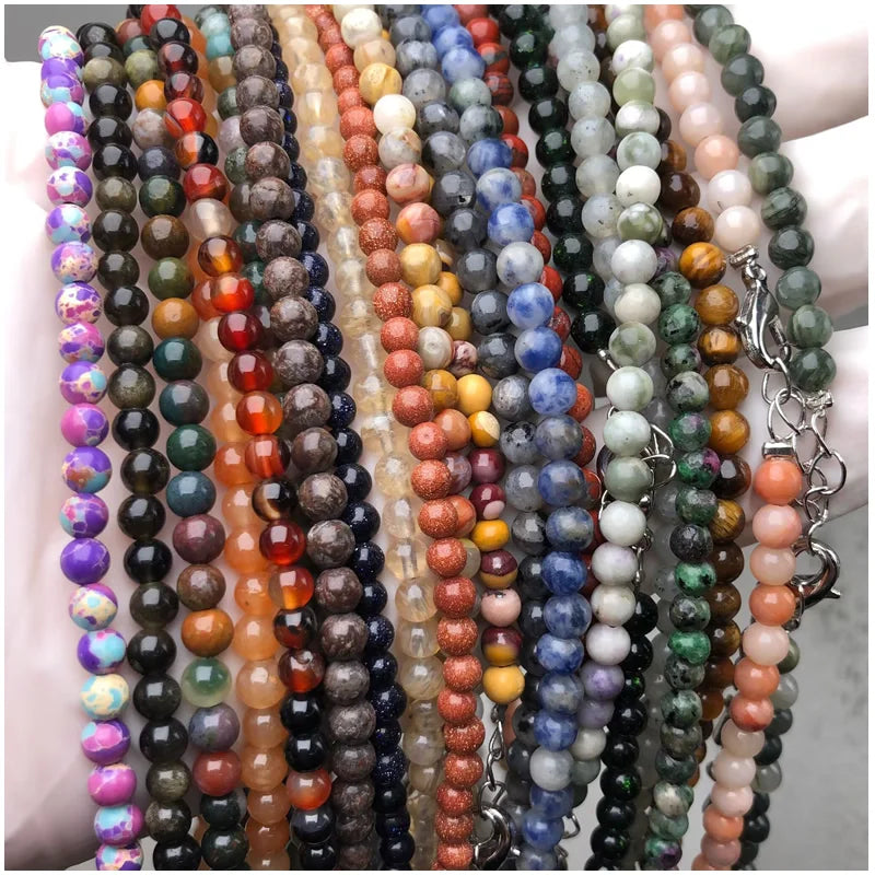 Natural Stone Bead Adjustable Necklace | Agate Opal Tigers Eye Quartz Crystal Jewelry close-up view