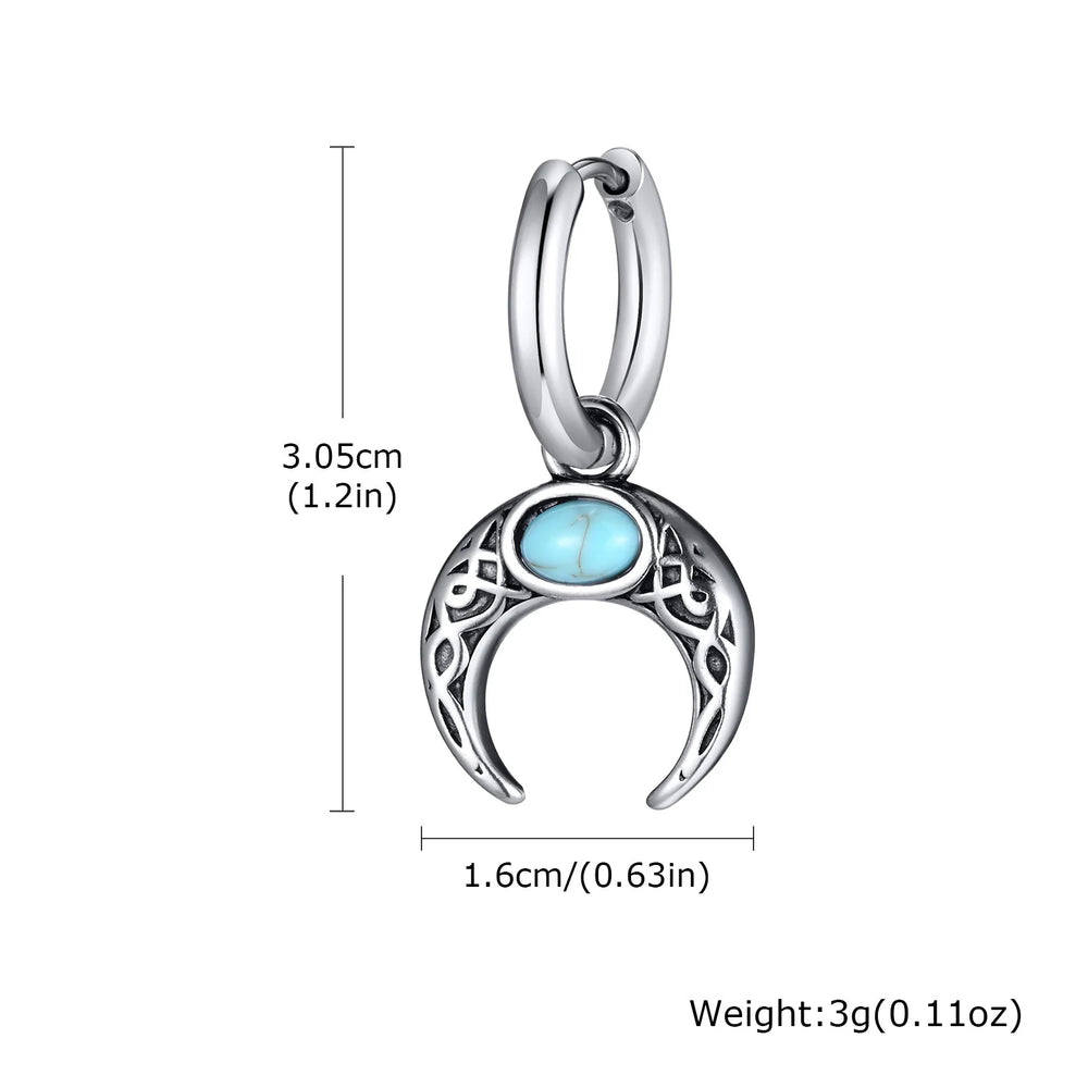 Vintage Moon Earrings for Men | Green Stone Stainless Steel Hoop Jewelry alternate view