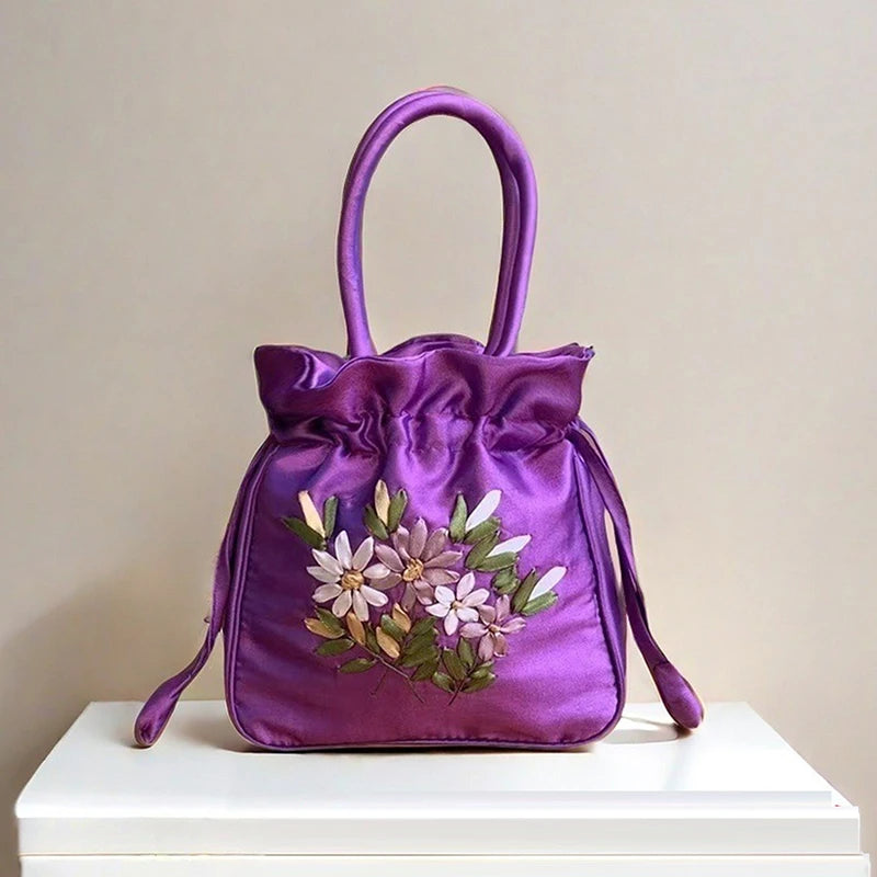 Small Embroidered Flower Bucket Bag | Women's Top Handle Drawstring Purse alternate view
