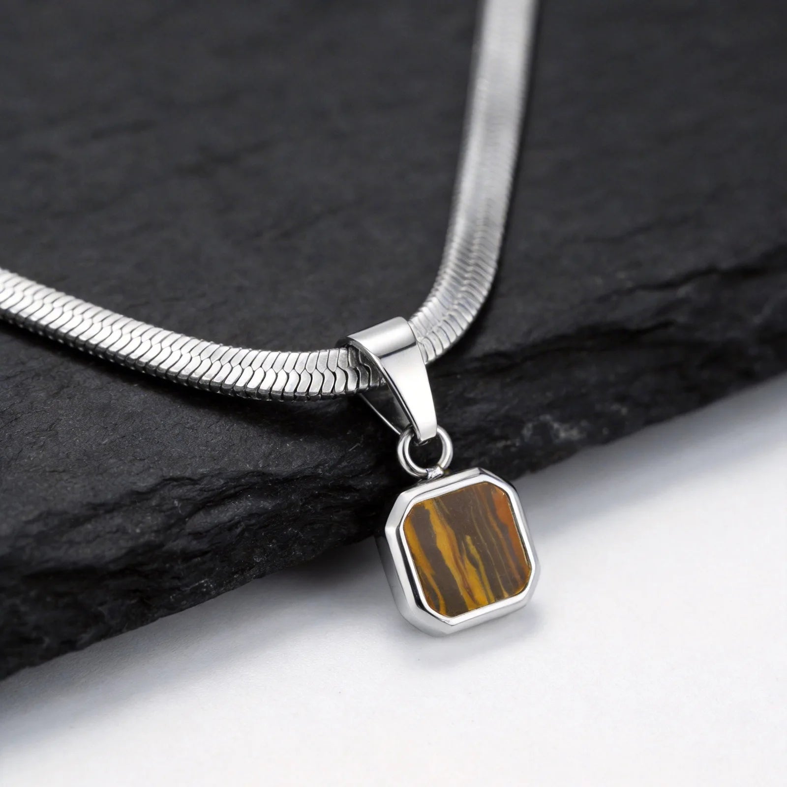 Men's Geometric Stone Pendant Necklace | Stainless Steel Blade Chain detail view