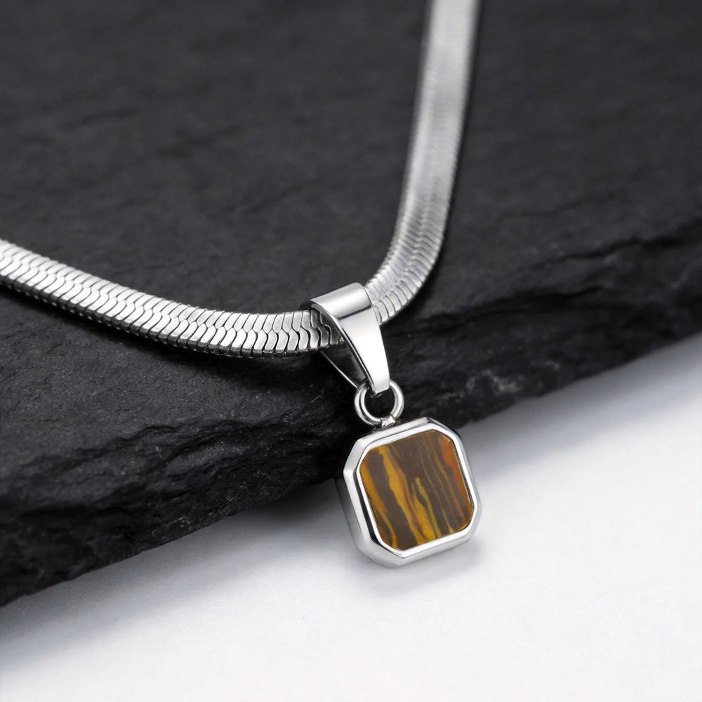 Men's Geometric Stone Pendant Necklace | Stainless Steel Blade Chain detail view