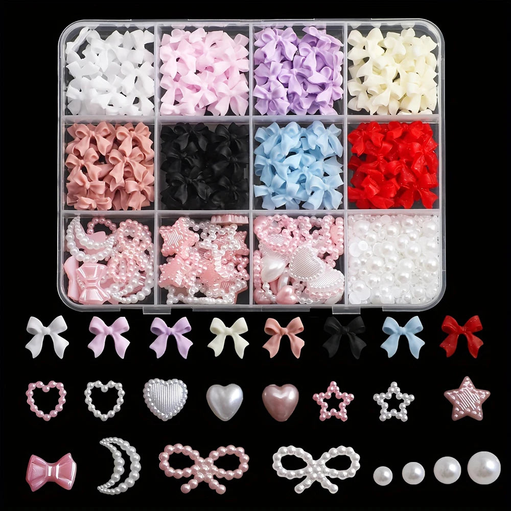 500PCS 3D Nail Art Decoration Kit with Resin Bows, Flat Back Pearls, and Assorted Sha alternate view
