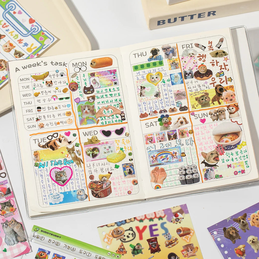 Cute Pets Sticker Book 30 Sheets | Scrapbooking DIY Collage Material close-up view