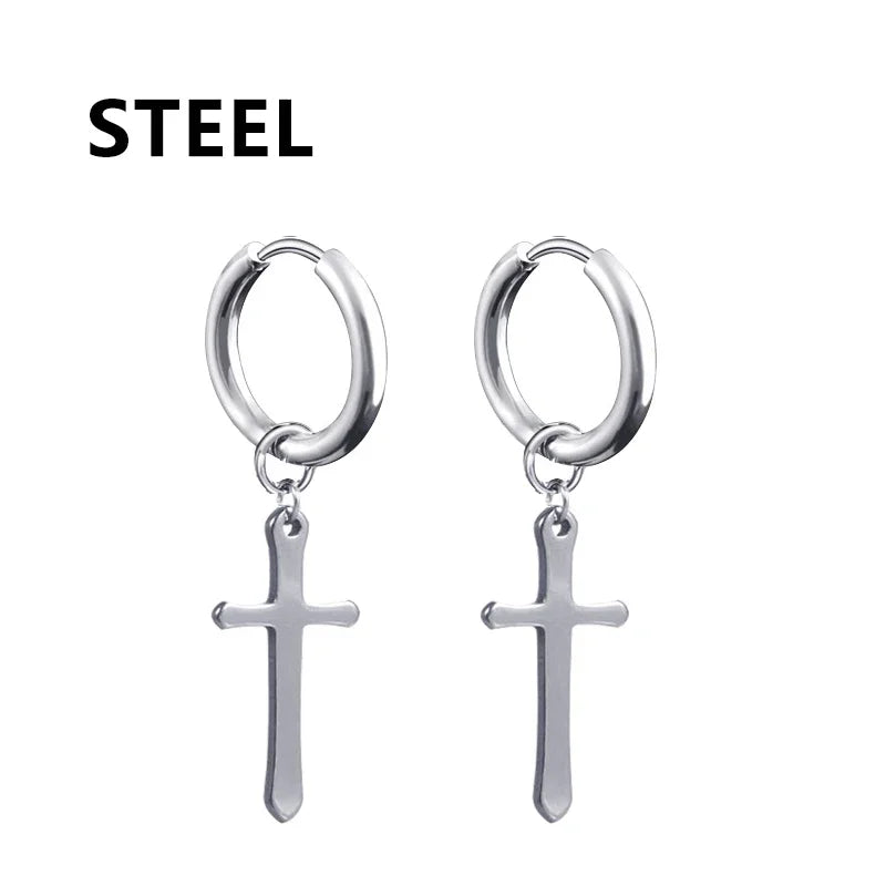 2pc Stainless Steel Men Cross Stars Punk Dangle Earrings Gothic Woman Cross Ear Hoop lifestyle view