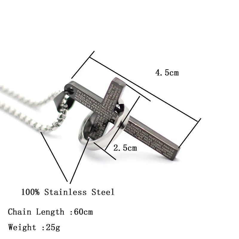 Simple Cross With Circle Pendant Necklace | Stainless Steel Christ Cruz Chain for Men close-up view