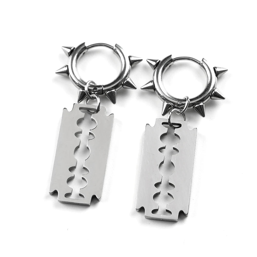 Gothic Punk Spike Rivet Razor Blade Hoop Earrings for Women Men Black Silver Color additional angle