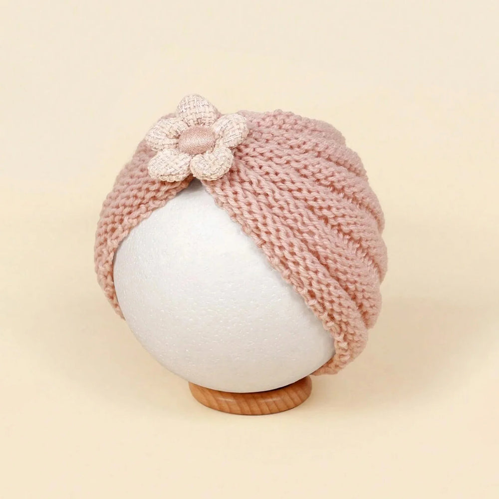 Baby Crochet Turban Hat with Flower Decor | Winter Warm Knit Headwrap for Infant Girl lifestyle view
