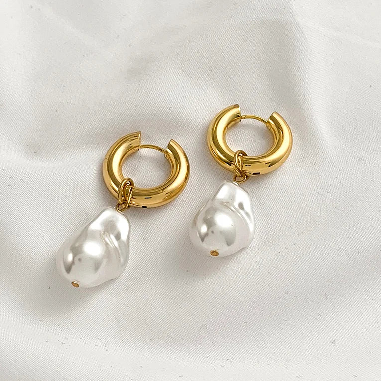 Trendy Asymmetry Pearl Drop Earrings | Stainless Steel Huggie Hoops for Women close-up view