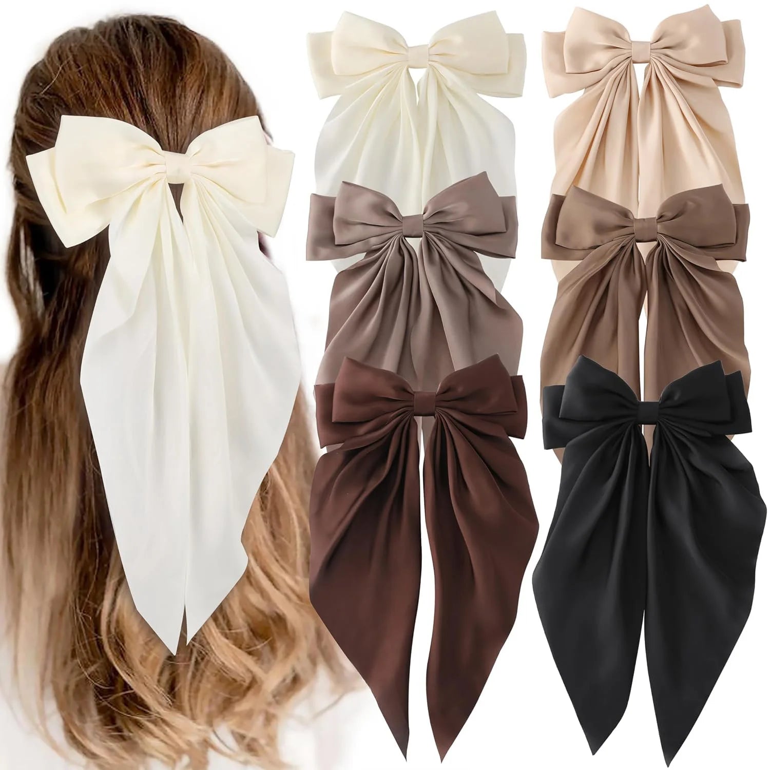 Korean Accessories Hair Clips for Women Girls Big Bowknot Solid Satin Long Ribbon Bow alternate view