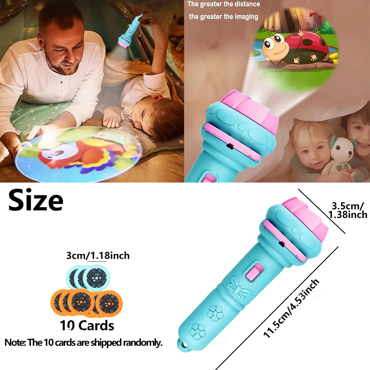 10 Cards Cartoon Projection Flashlight 80 Patterns Creative Children Flashlight Toy additional angle