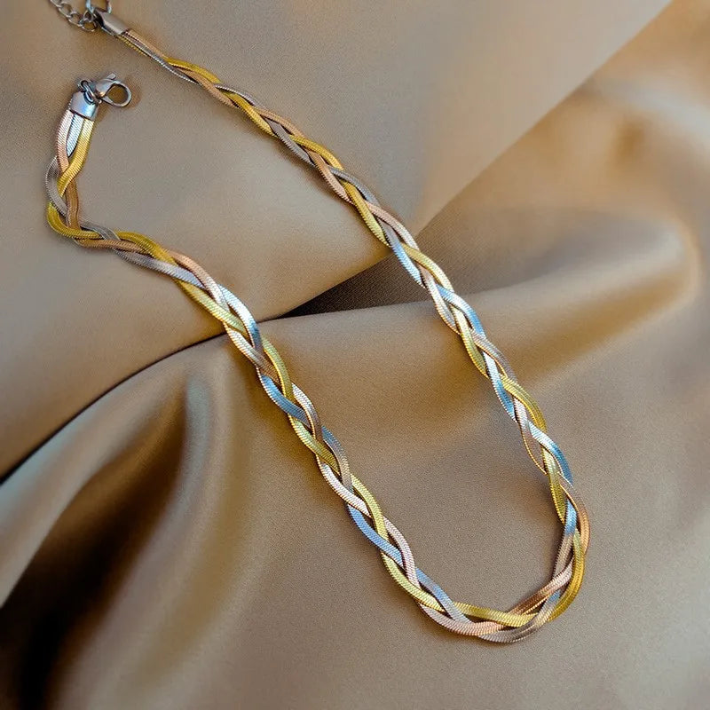 Tricolor Hand Braided Stainless Steel Necklace | Cuban Chain Jewelry for Women additional angle