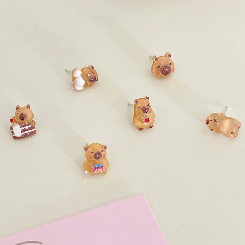 Kawaii 6Pairs Capybara Earrings Set, Cute Cartoon Fashion Accessory for Women and Girl close-up view