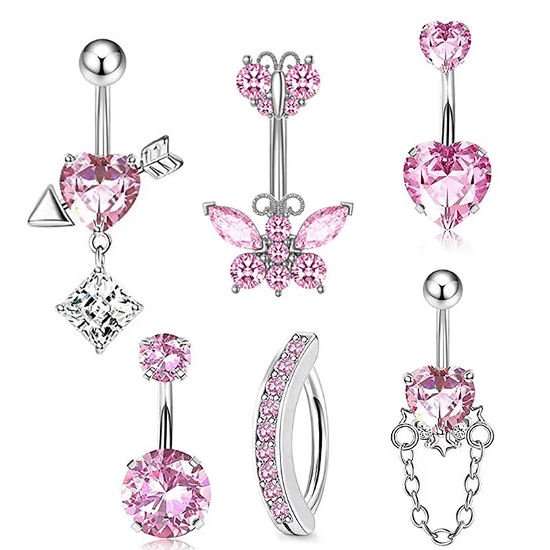 Stainless Steel Butterfly Belly Button Ring High Quality Pink Rhinestone Love Navel P alternate view