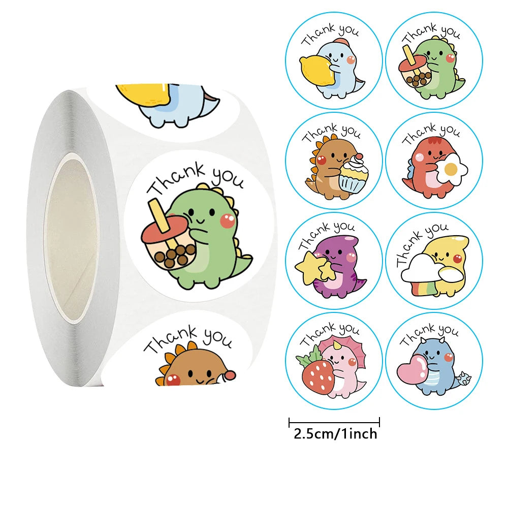 50/100/500pcs Cartoon Dinosaur Thank You Stickers | 1 Inch Round Labels for Packaging, Gifts, and Ba