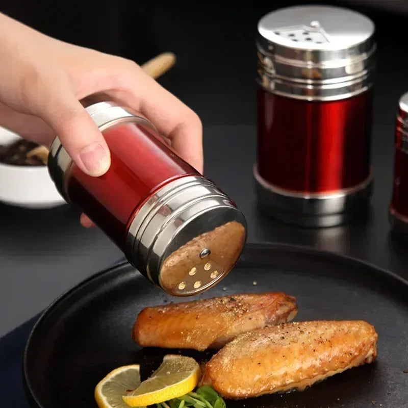 Stainless Steel Spice Jar | Rotating Cover Salt and Pepper Shaker for Barbecue and Kit close-up view