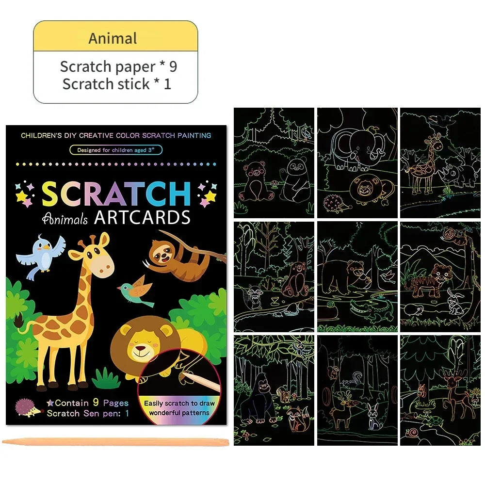 Magic Rainbow Color Scratch Art Painting Paper Card Kit Cartoon Drawing Board Color additional angle