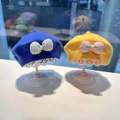 Kids Knitted Beret with Bow | Winter Hat for Baby Girls and Toddlers close-up view
