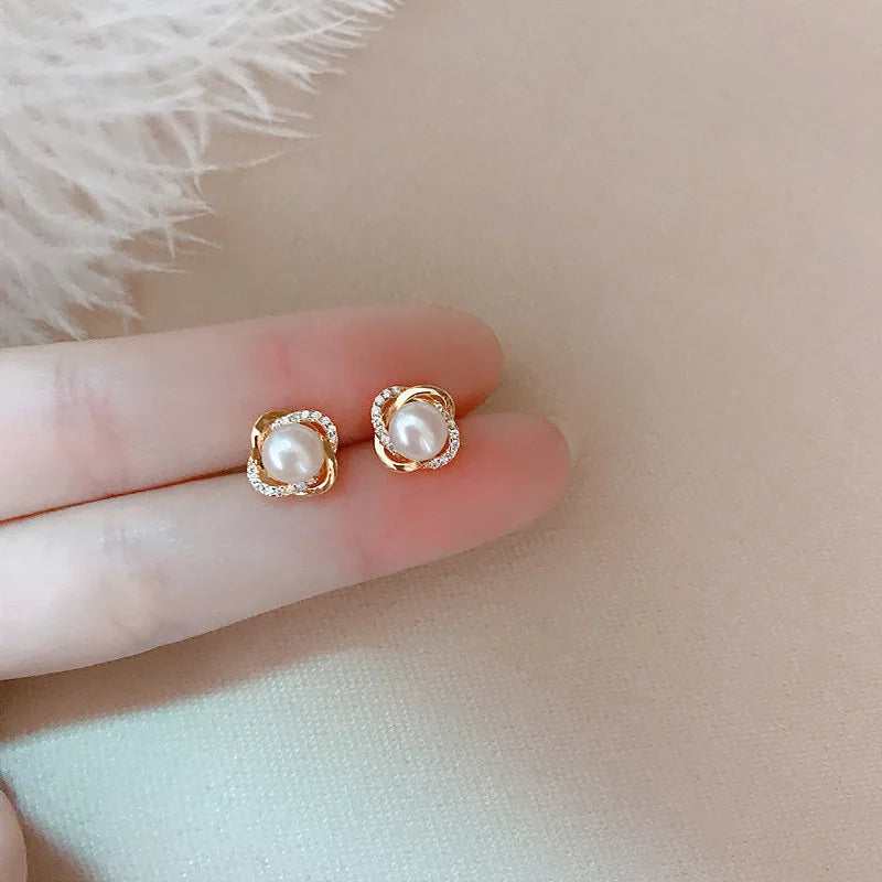 Upscale 14k Gold Jewelry Real Gold Earrings Zircon Pearl Twist Luxury Stud Earrings f lifestyle view