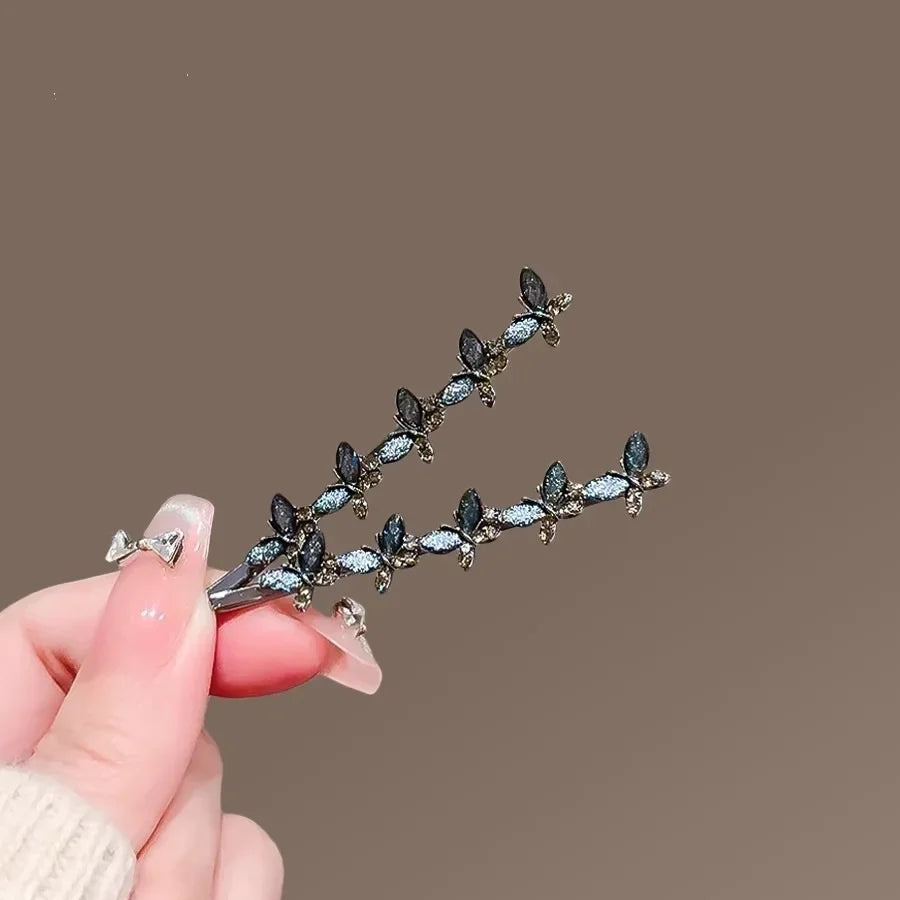 2Pcs/set Rhinestone Glaze Leaf Hairpin Cute and Sweet Women's Foredead Bangs Side Clip Metal One-word Clip Hair Accessories
