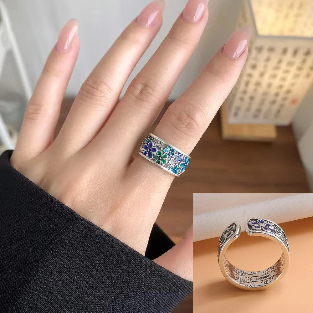 PANJBJ 925 Sterling Silver Frosting Geometry Ring for Women Wide Texture Versatile Han close-up view