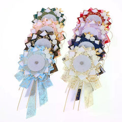 Big Bow Anime Badge Display Rosette With Gold Accents And Butterfly Decor Perfect For Cosplay Events