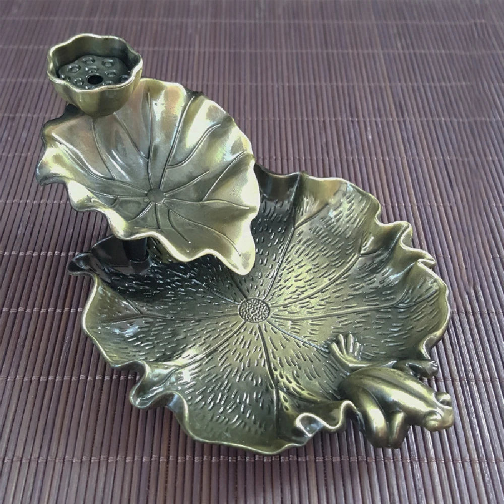 Backflow Incense Waterfall Burner | Metal Frog and Fish Aromatherapy Decor close-up view