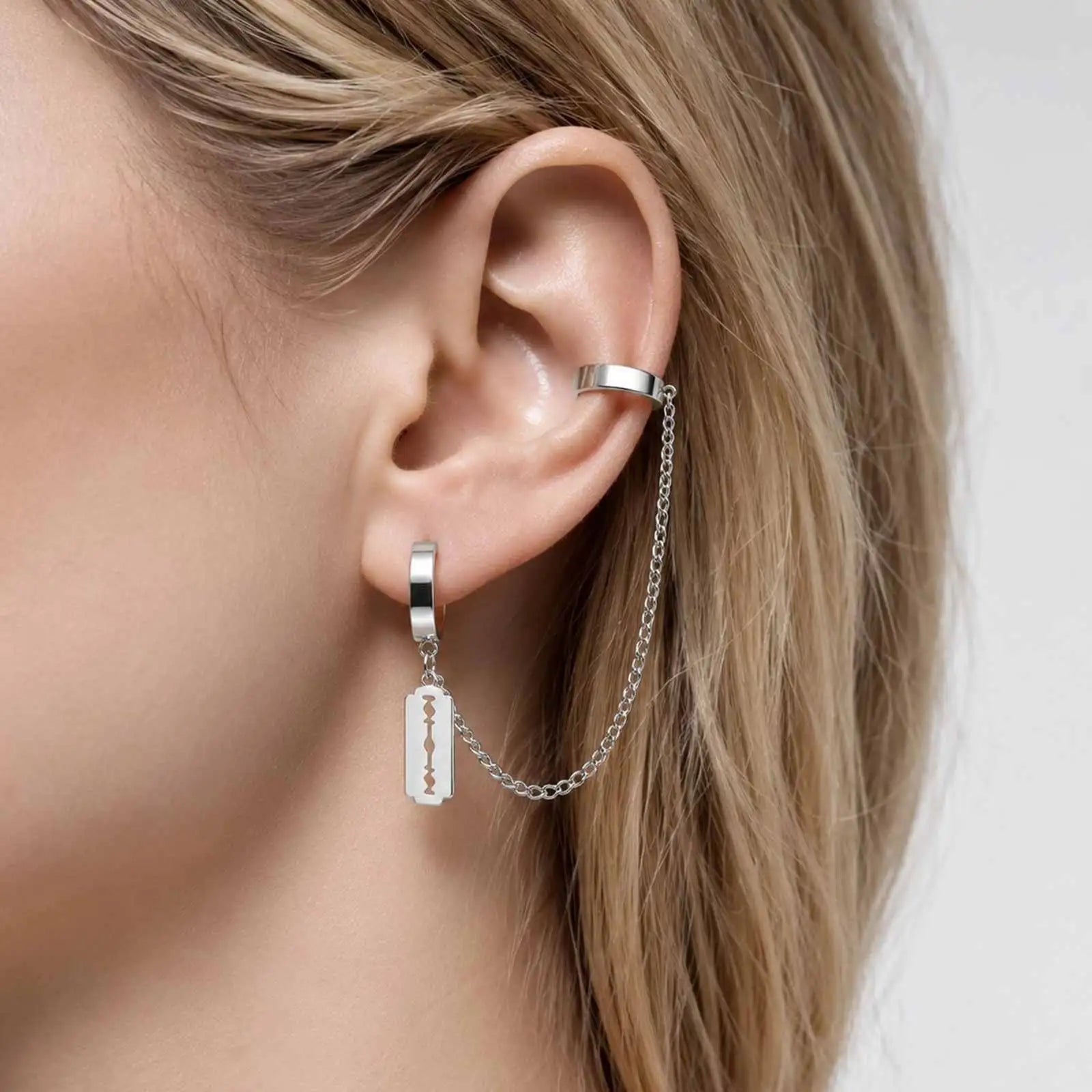1pc Clip Earrings with Chain Stainless Steel for Women Men Punk Tassel Hoop Ear Cuffs close-up view