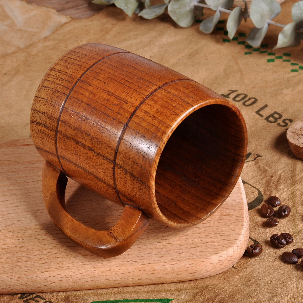 320ml Handcrafted Wooden Coffee Mug Natural Drinkware Cup Vintage Solid Wood Beer Mug close-up view