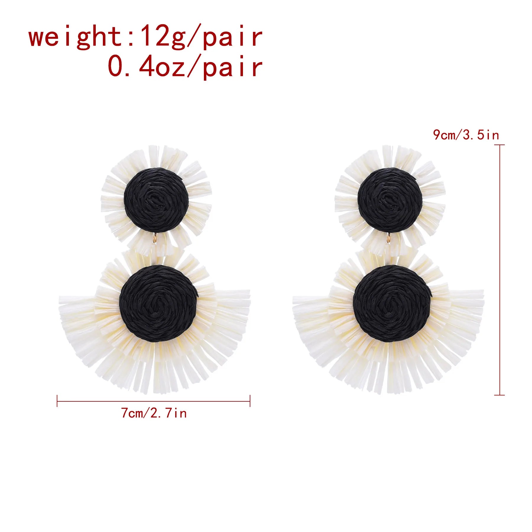 Black And White Raffia Fan Dangle Earrings | Bohemian Tribal Handmade Jewelry additional angle